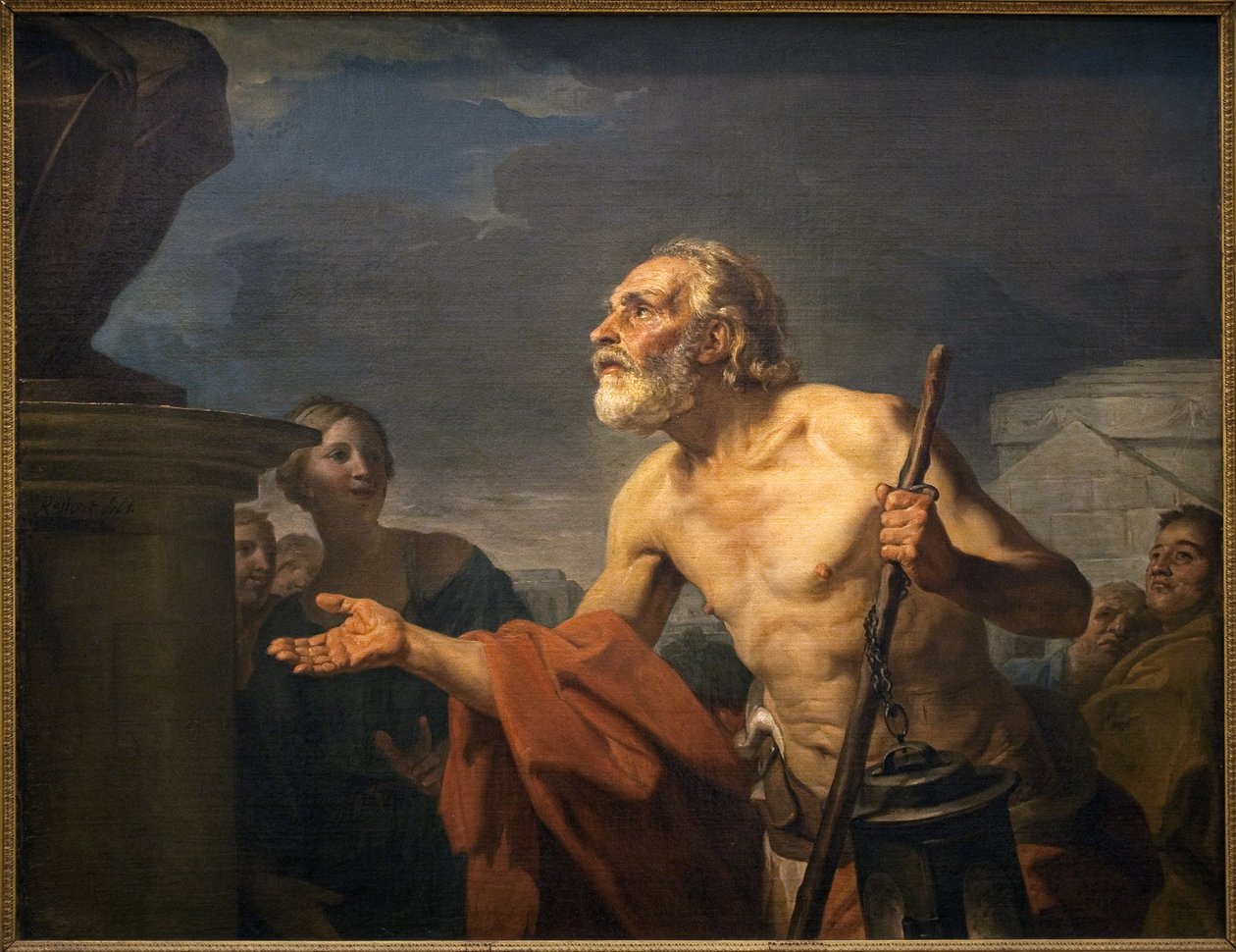 Diogene ber om almone till statyer. (Sinope Diogene kallas cynisk, runt 413-cirka 327 f.Kr.). Målning av Jean Bernard Restout (1732-1797), Olja på duk av Jean Bernard Restout