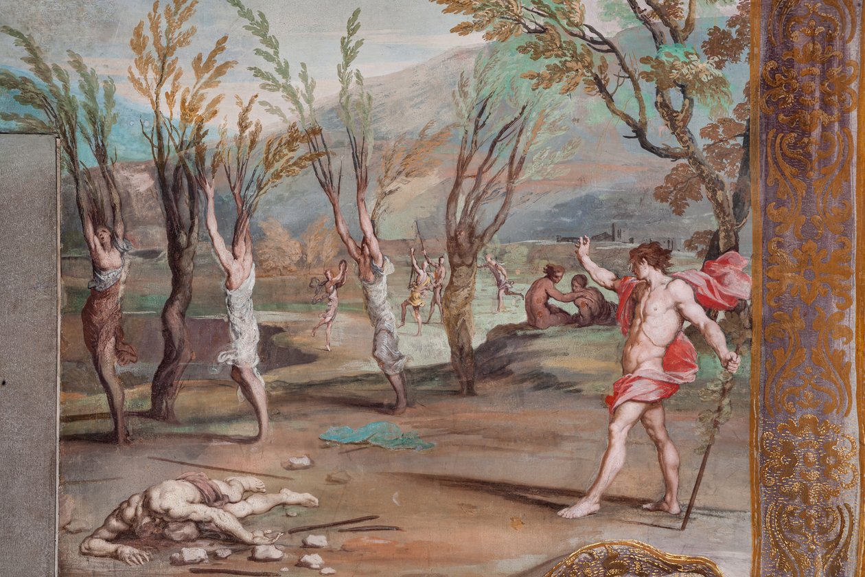 Bacchus förvandlar bacchantinnorna till träd, skyldiga till att ha skurit Orfeus lik i bitar av Jean Boulanger