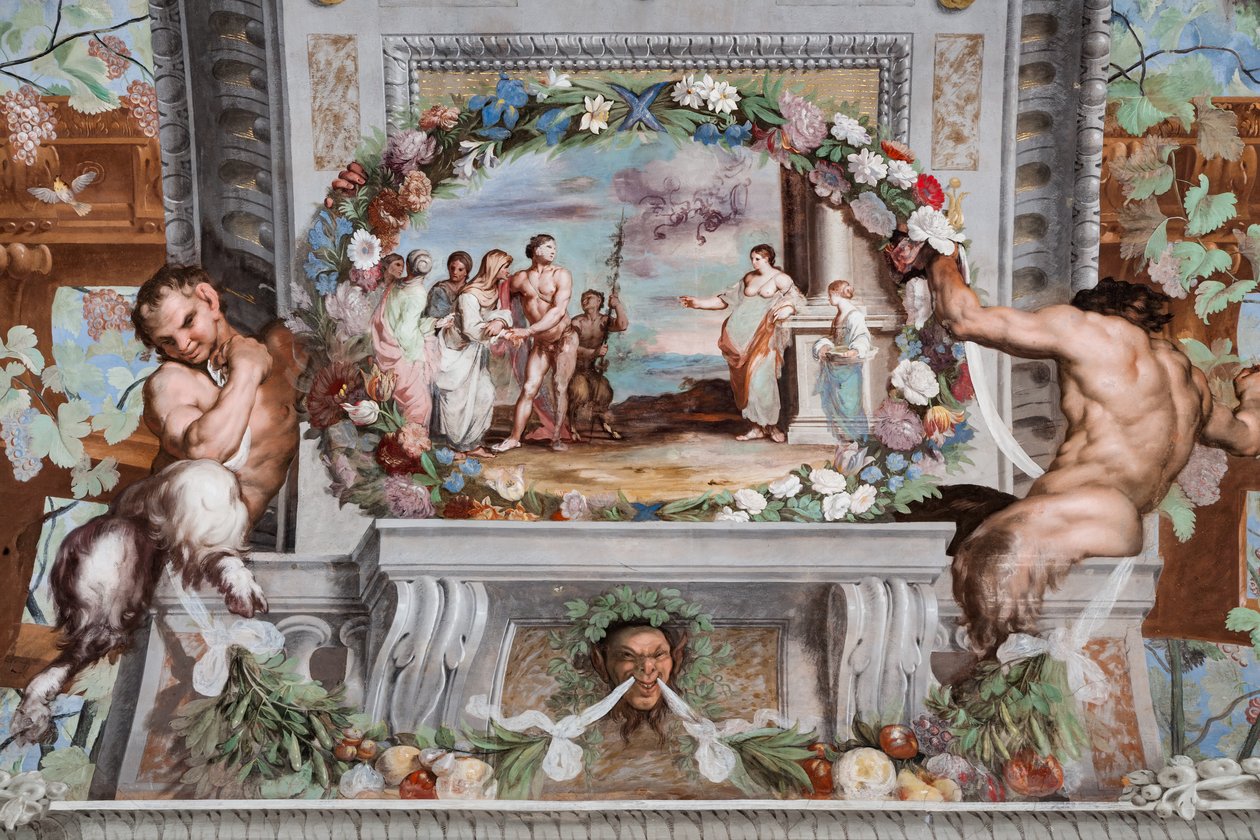 Bacchus, med sina gamla sköterskor och en satyr, ber Medea lutad mot en pelare att föryngra kvinnorna av Jean Boulanger