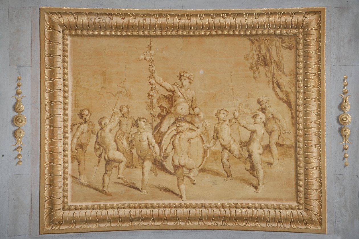 Fuskförgylld relief, med Bacchus på en tunna, omgiven av några dansande keruber av Jean Boulanger
