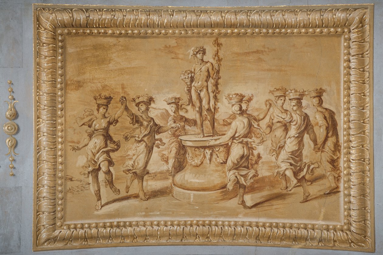 Fuskförgylld relief, med Bacchus placerad på en rund piedestal dekorerad med festonger och bucrania och omgiven av dansande canephorer av Jean Boulanger