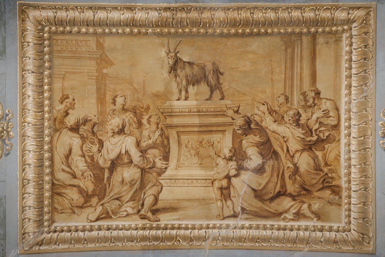 Falskt förgylld relief, med geten placerad på det historiserade altaret och omgiven av figurer i tillbedjan. av Jean Boulanger