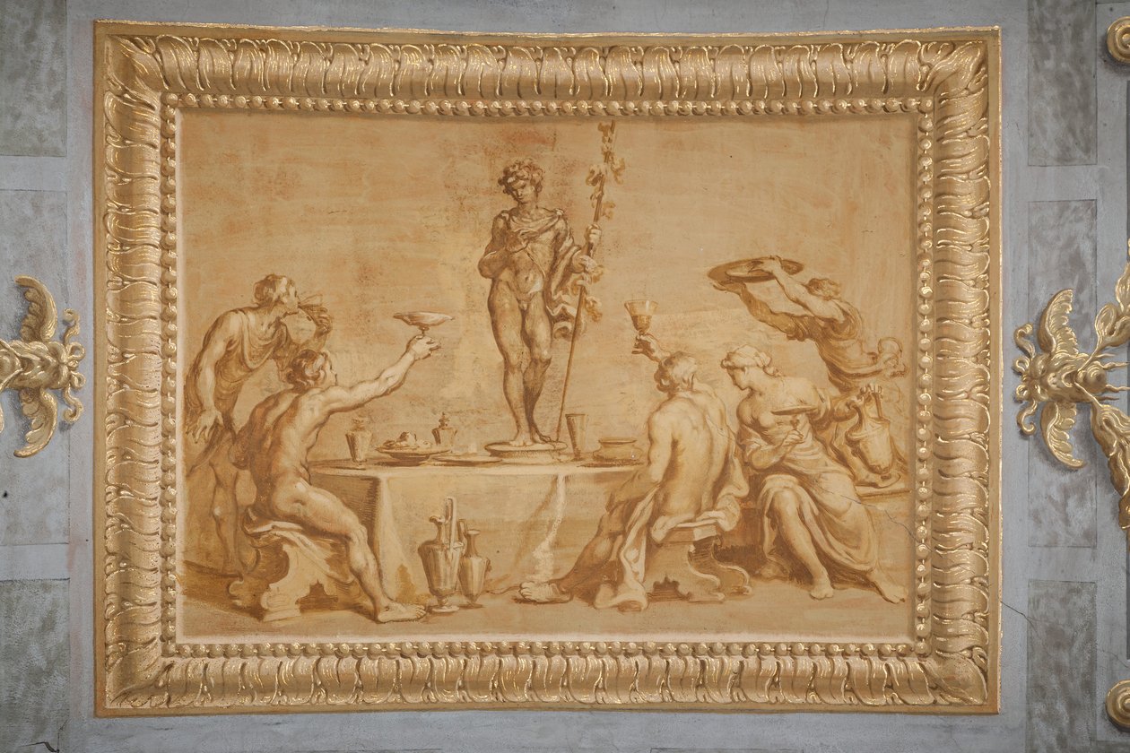 Falskt förgylld relief, med statyn av Bacchus omgiven av några offrare som höjer vinkoppar av Jean Boulanger