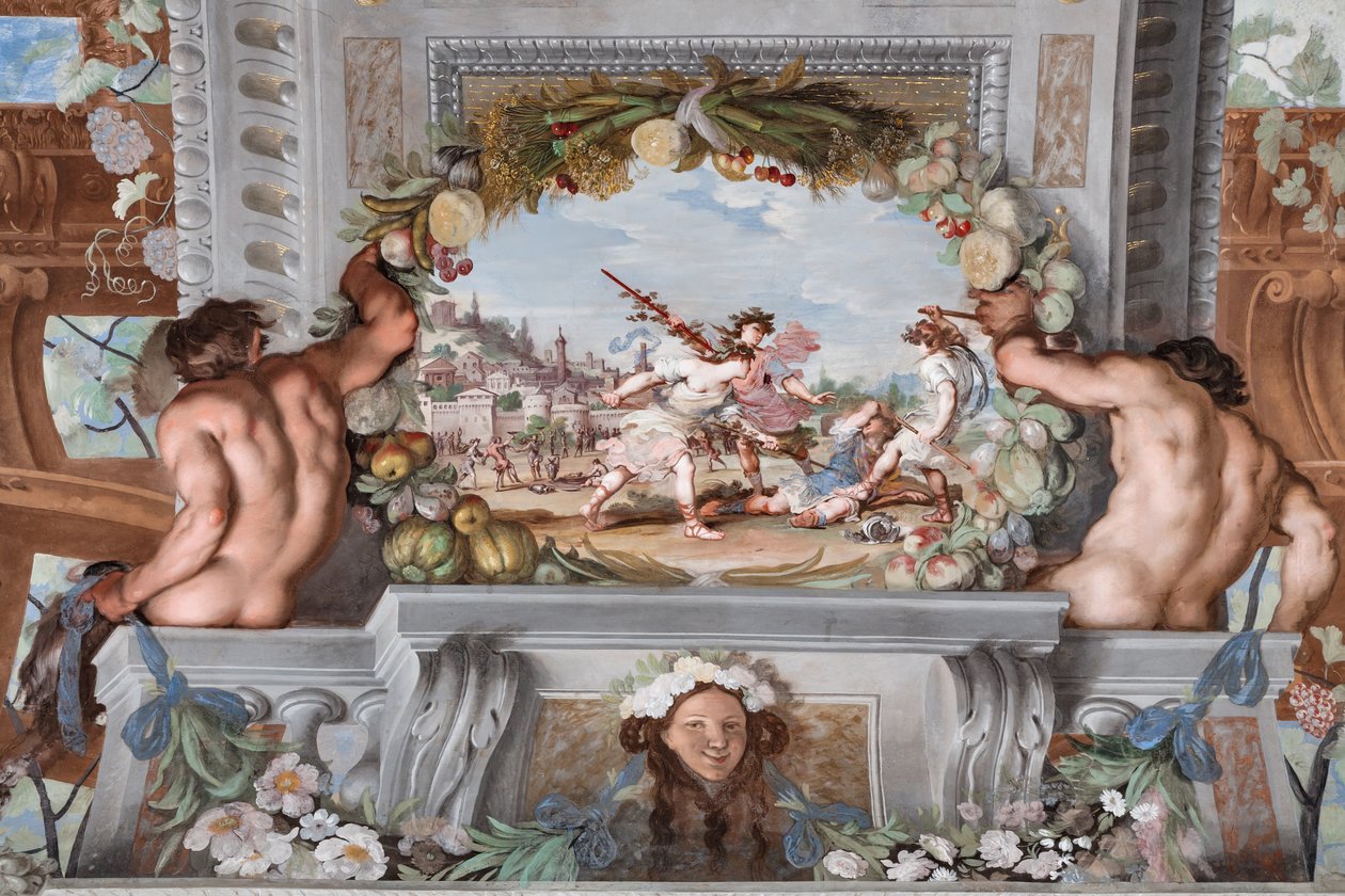 En av de fyrtioen panelerna med scener som berättar om händelserna kring Bacchus av Jean Boulanger