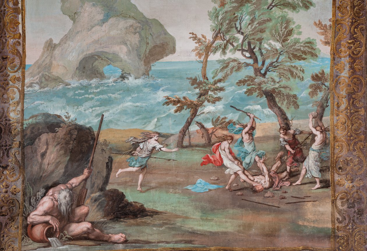 Bacchantinnorna dödar Orfeus med stenar och käppar för att han vägrar sjunga Bacchus lovsång av Jean Boulanger