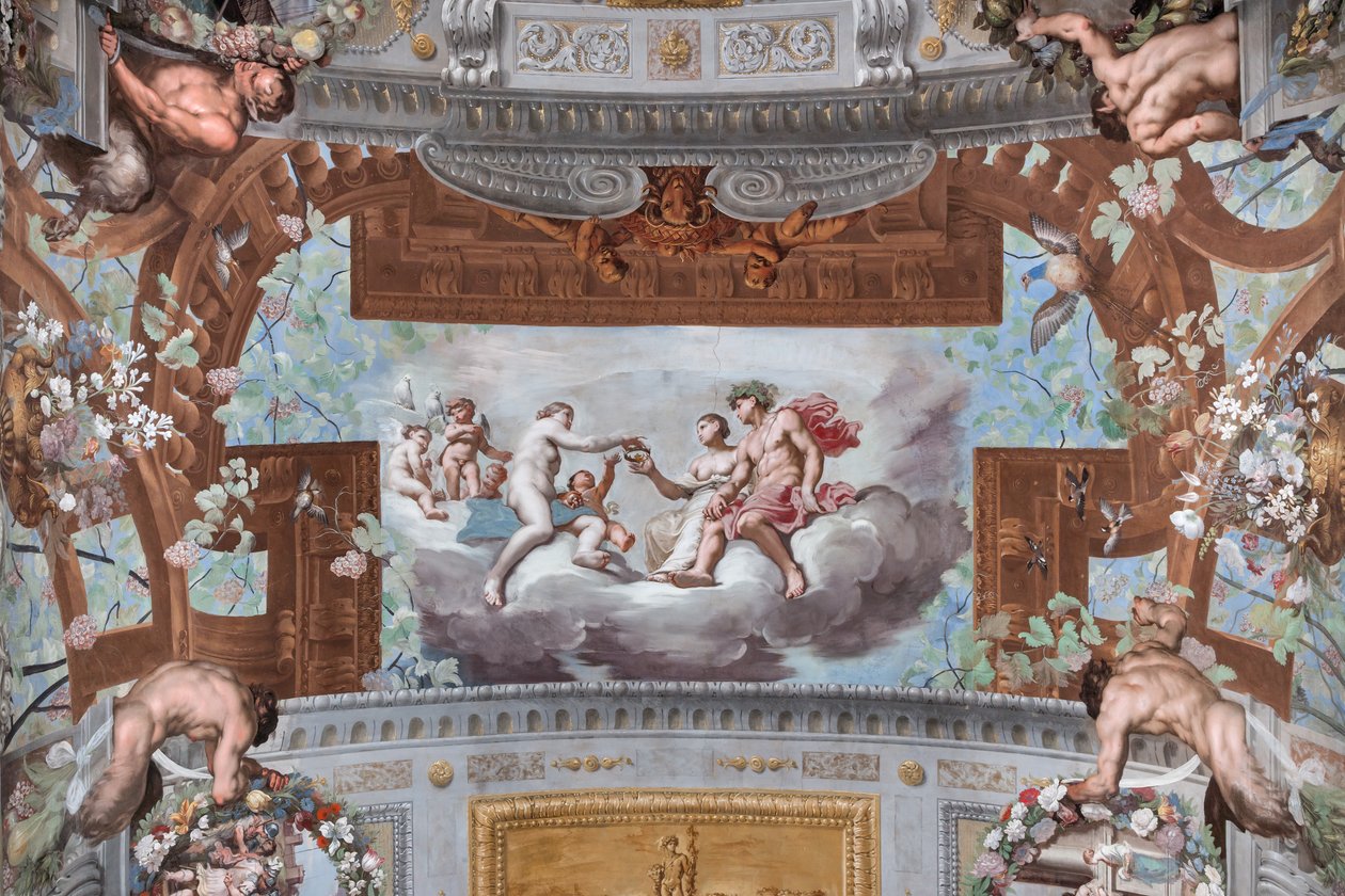 Venus ger Ariadne kronan; på molnen ger Venus, omgiven av amoriner, Vulcans krona till Ariadne som sitter bredvid Bacchus av Jean Boulanger