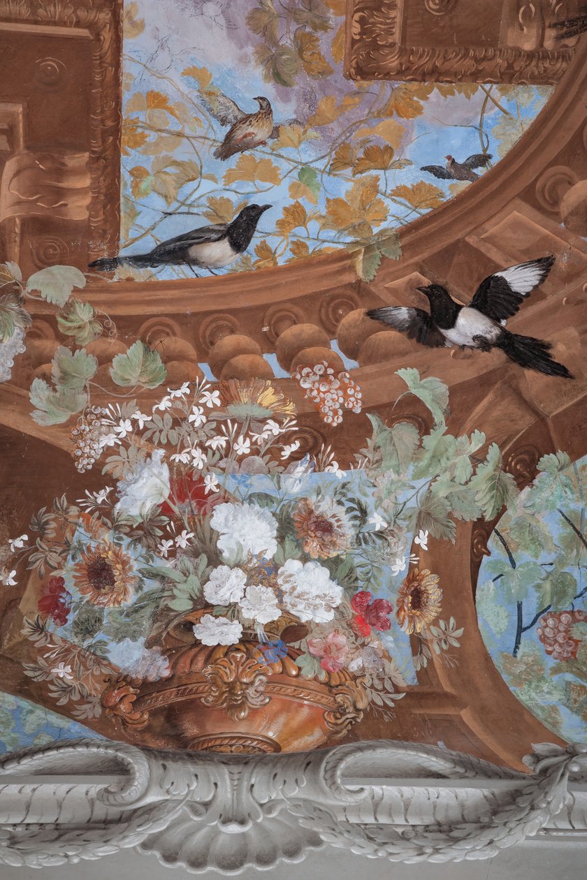 Vinrankor, druvor, blommor och fåglar, detalj av Jean Boulanger