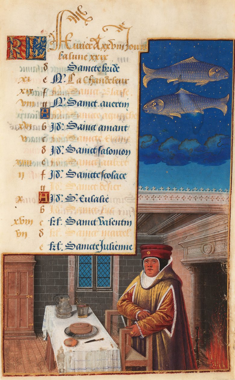 Ludvig XII:s timmar (tidigare Henrik VII:s timmar), kalenderblad för februari månad, ca 1490-1510 (tempera på pergament) av Jean Bourdichon