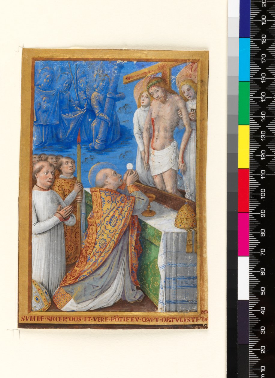 Blad från en timbok: St Gregorius mässa, c.1485-94 (pergament) av Jean Bourdichon