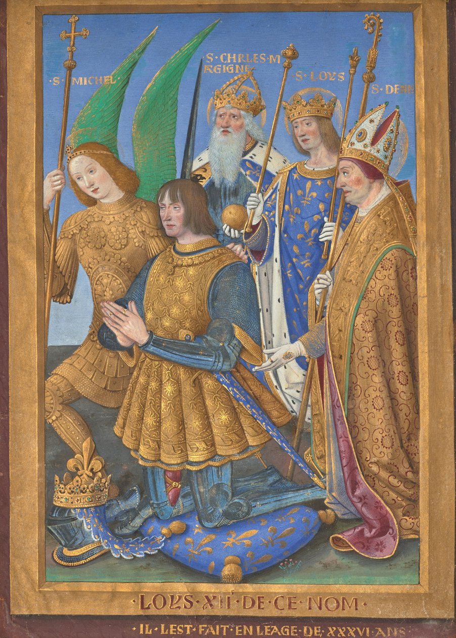 Ludvig XII av Frankrike knäböjer i bön, åtföljd av helgonen Mikael, Karl den store, Ludvig och Denis av Jean Bourdichon