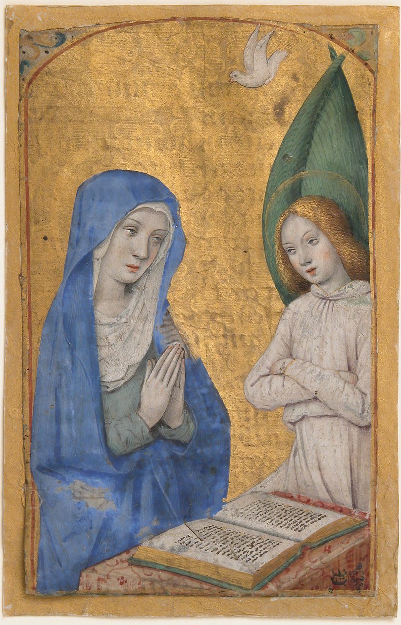 Manuskriptblad med tillkännagivandet från en timbok, franska, ca. 1485-90. av Jean Bourdichon