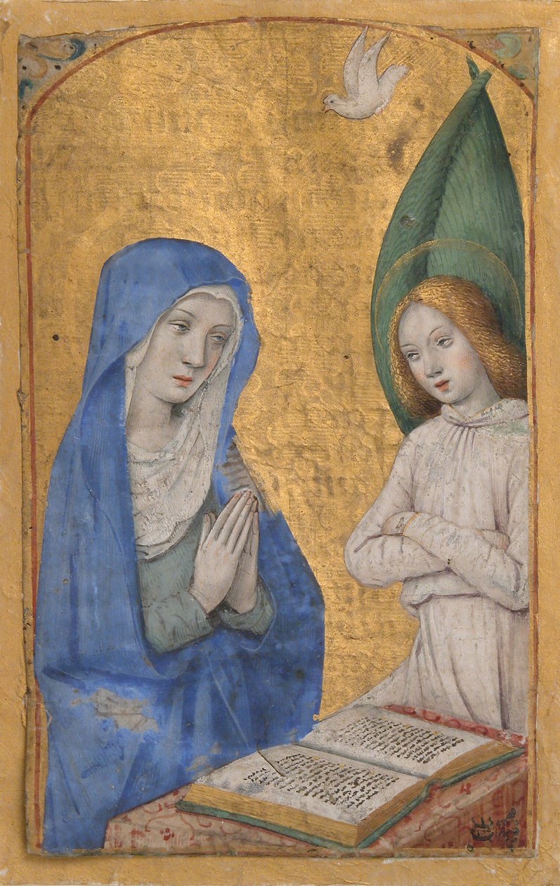 Manuskriptblad med tillkännagivandet från en timbok, ca. 1485-90. av Jean Bourdichon