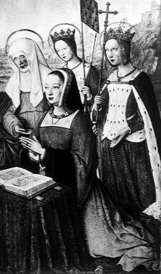 Ms lat 9474 f.3v Anne av Bretagne med St. Anne, St. Ursula och St. Helen, miniatyr från Grandes Heures av Anne av Bretagne, c.1503-8 (se även 151193) av Jean Bourdichon