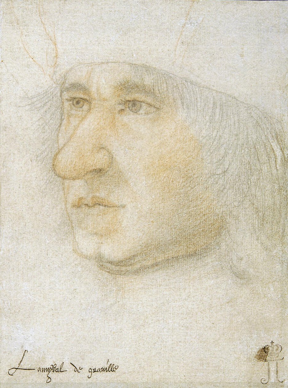 Porträtt av Louis Malet de Graville (1438-1516), Frankrikes amiral par Bourdichon, Jean (1457-1521). Svart krita och sangvin på papper, storlek: 16,9x12,7, sent 1400-tal, State Hermitage, St. Petersburg av Jean Bourdichon