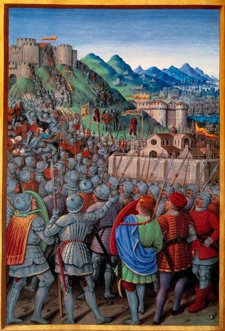 Genois attackerade Castellacio de Genes-vakten av fransmännen (12 mars 1507). Miniatyr av Jean Bourdichon (1457? - 1521) i "" Voyage de Genes"" (Folio 20v) skriven av Jean Marot, v.1508. Paris, NL av Jean Bourdichon