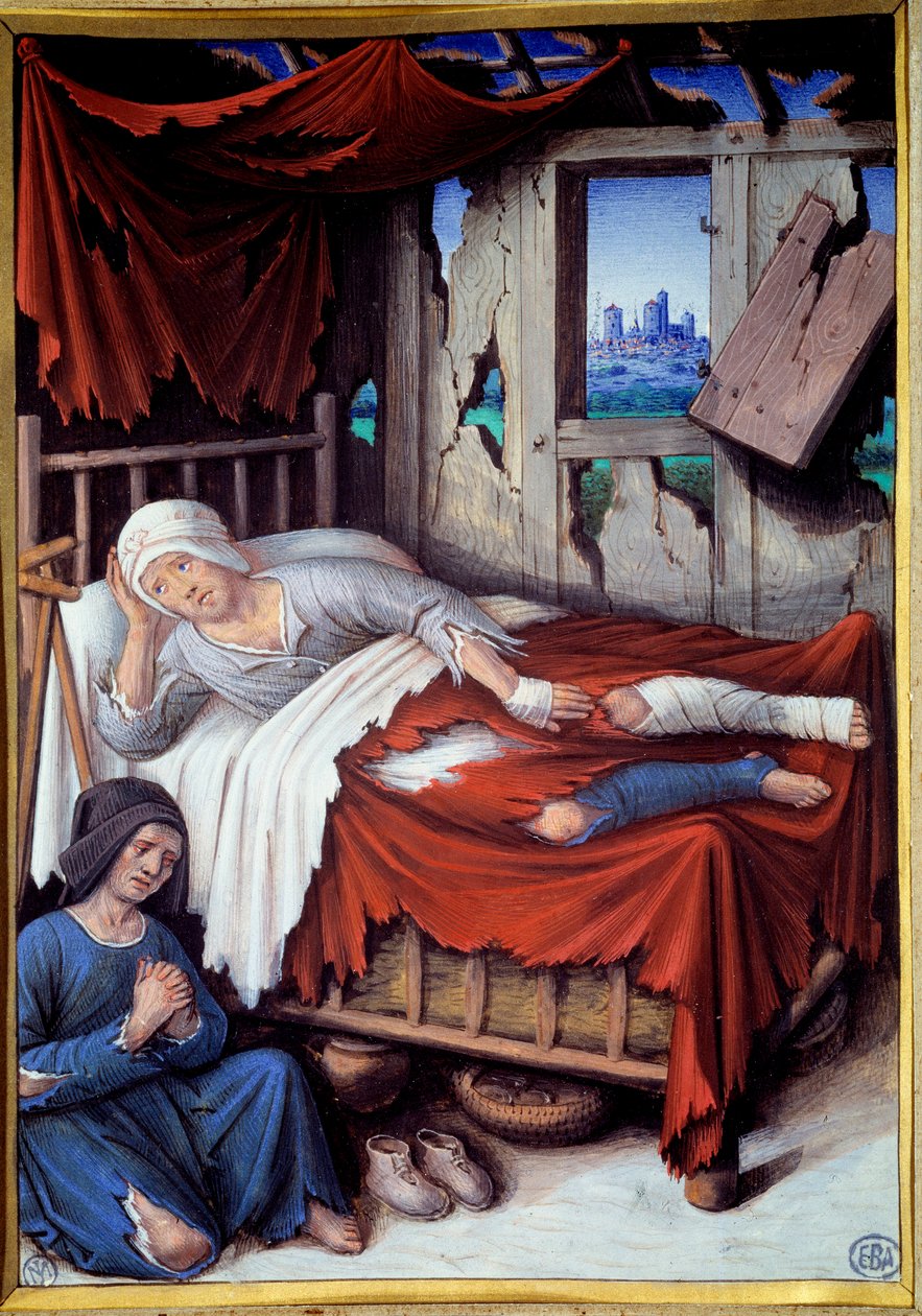 En fattig mans död. En kvinna vid sängen av en döende man, be. Målning av Jean Bourdichon (v.1457-1521) av Jean Bourdichon