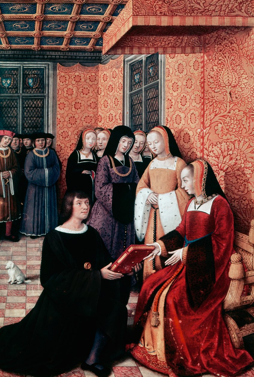 Poeten Jean Marot (1450-1526) överlämnar sitt verk Voyage to Genoa till Anne av Bretagne (1477-1514), ca 1508, miniatyr av Jean Bourdichon (1457-1521). Frankrike av Jean Bourdichon