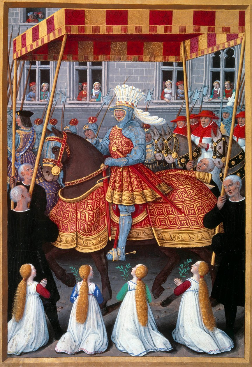 Kung Ludvig XII:s (1462-1515) triumferande entré till Genes i april 1507 Miniatyr hämtad från "Le voyage a Genes"" av Jean Marot (1450-1526) upplyst av Jean Bourdichon (1457-1521) 1508. Paris, B.N. av Jean Bourdichon