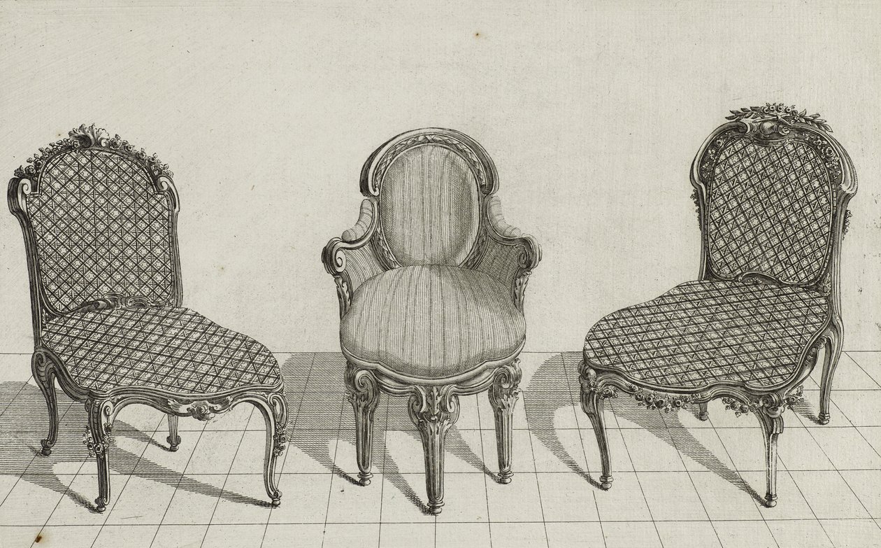 Cane Chair, Cabriolet Fåtölj, Cane Chair, publicerad i mitten av 1770-talet (gravyr på lagt papper) av Jean Charles (after) Delafosse