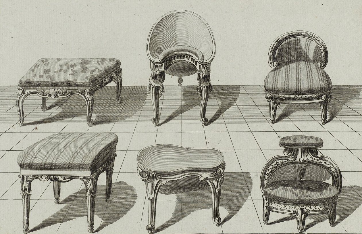 Pallar, toalettbidéer, fotpall, publicerad i mitten av 1770-talet (gravyr på lagt papper) av Jean Charles (after) Delafosse