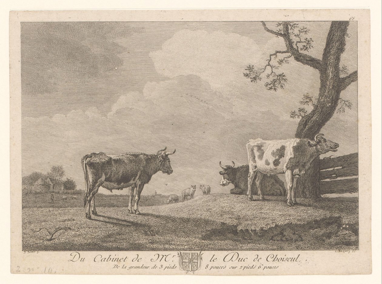 Tre kor på en äng Verk från samlingen av Étienne François de Choiseul (serietitel) Du cabinet de mr. le Duc de Choiseul (serietitel på objekt) av Jean Charles Baquoy
