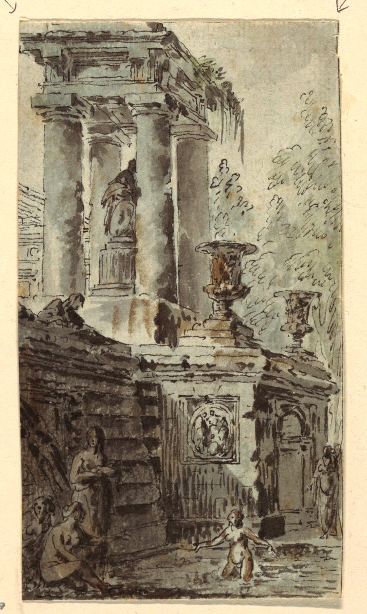 Arkitektonisk fantasi med figurer som badar av Jean Charles Delafosse