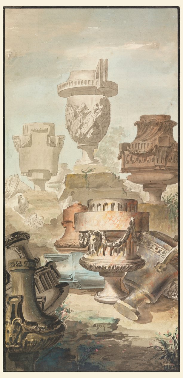 Teckning, Ruinfantasi: Vaser och urnor, 1770 av Jean Charles Delafosse