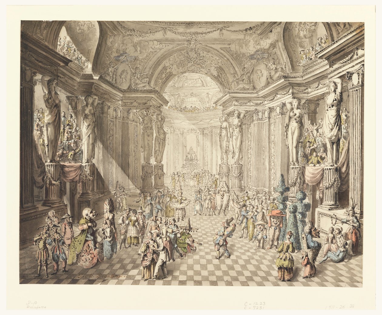 Teckning, vy över maskeradbal, 1770-80 av Jean Charles Delafosse