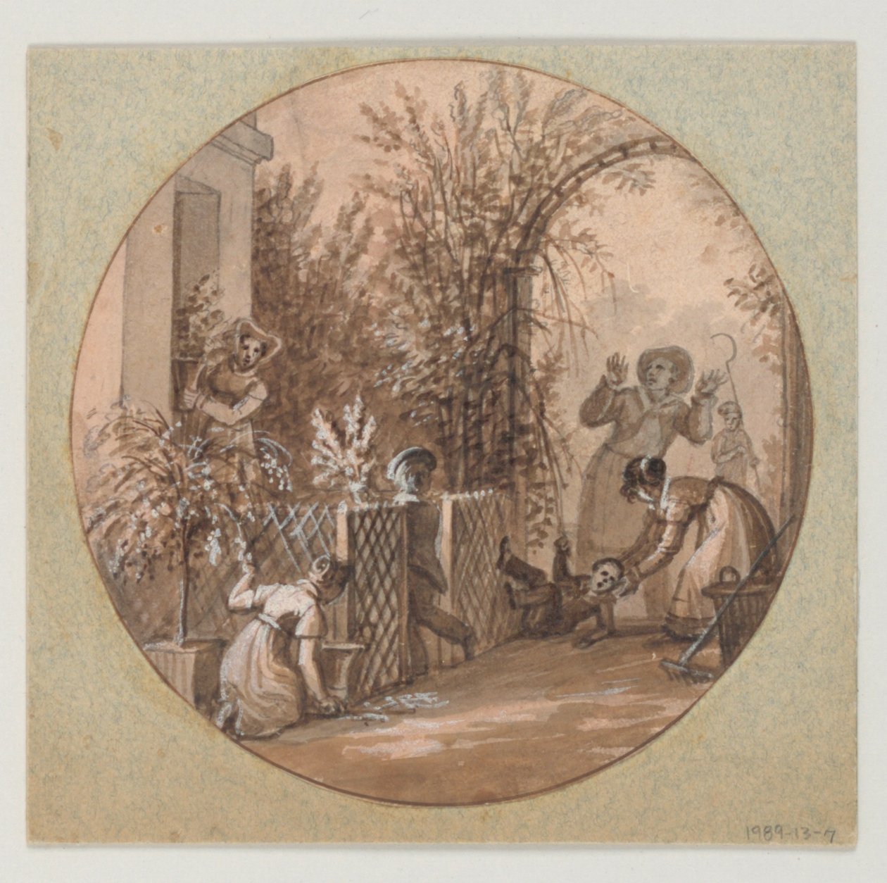 Design för en målad porslinstallrik, trädgårdsscen från Service de la Culture des Fleurs (Flower Cultivation Service) av Jean Charles Develly