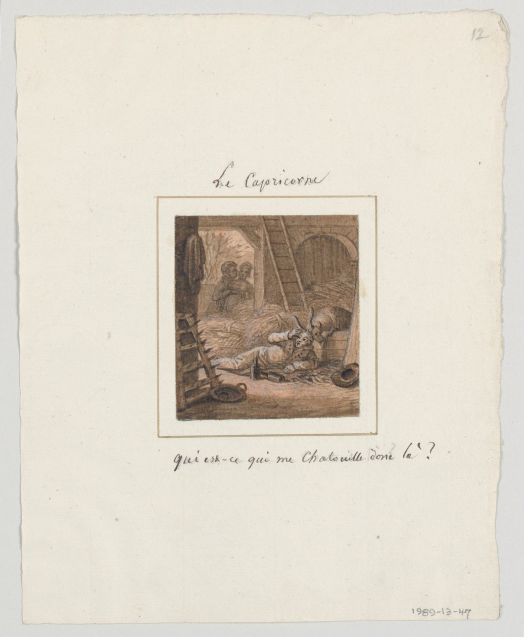Design för en målad porslinstallrik, Le Capricorne (Capricorn) från le Zodiac Travesti (The Farcical Zodiac) Service av Jean Charles Develly