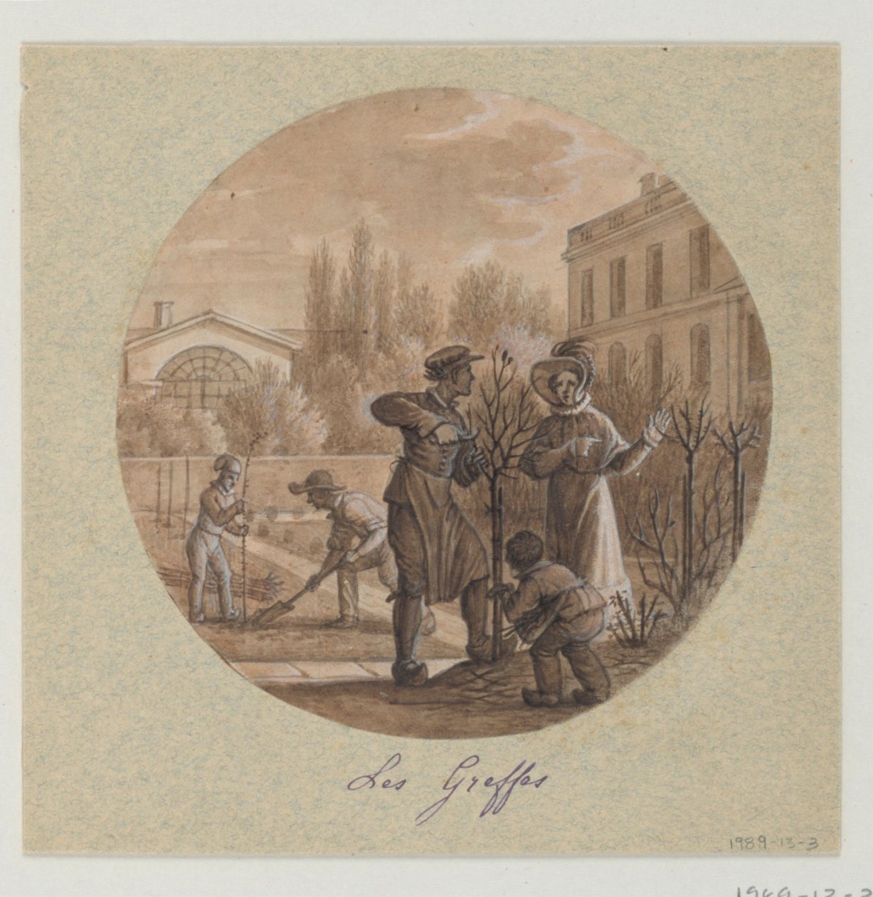 Design för en målad porslinstallrik, Les Greffes (Grafts) från Service de la Culture des Fleurs (Flower Cultivation Service) av Jean Charles Develly