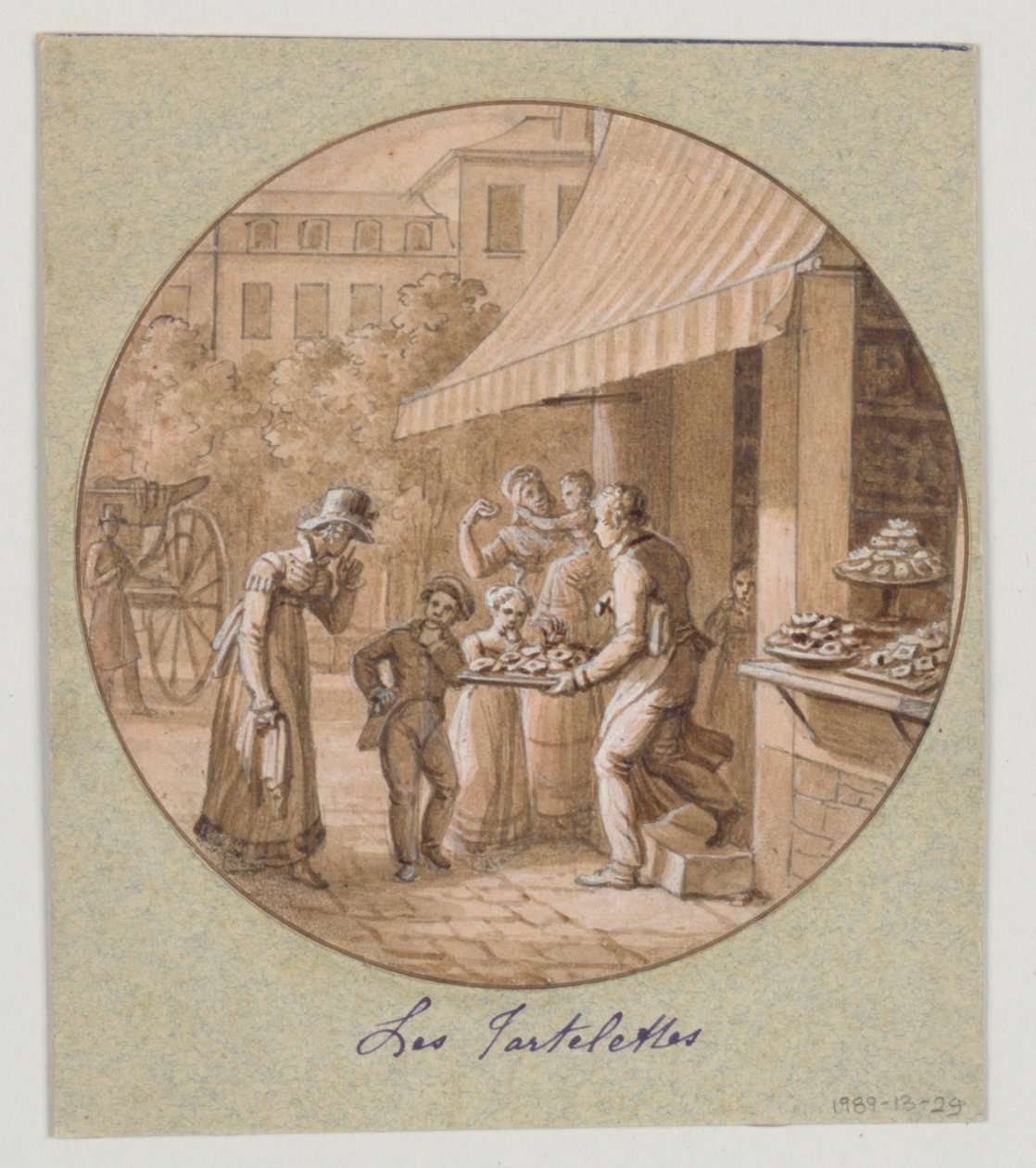 Design för en målad porslinstallrik, Les Tartelettes (Små tårtor) för Service des Objets de Desserts (Dessertservice) av Jean Charles Develly