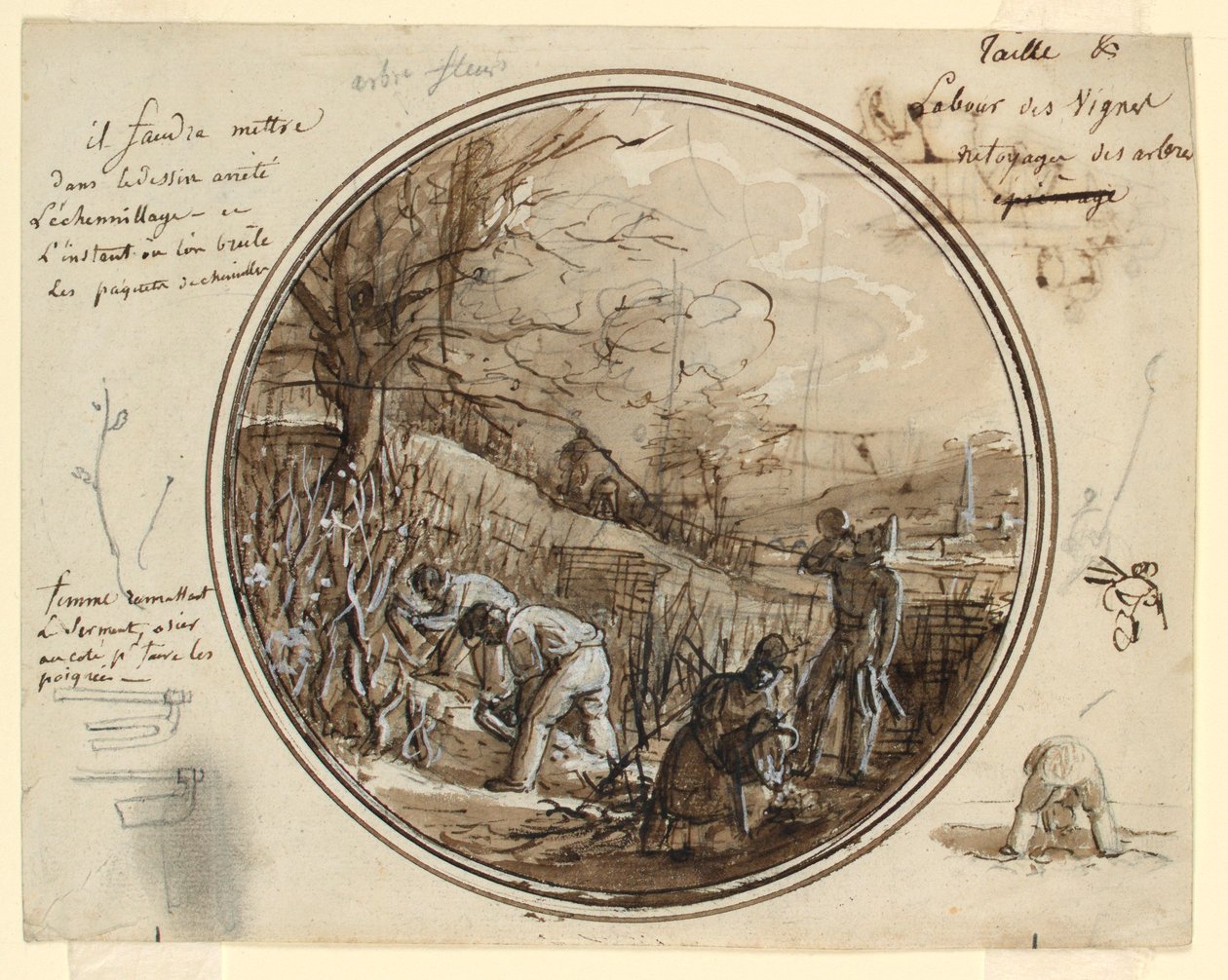 Ritning, Förslag till en målad porslinstallrik, Skärande och arbetande i vingården, 1819-20 av Jean Charles Develly