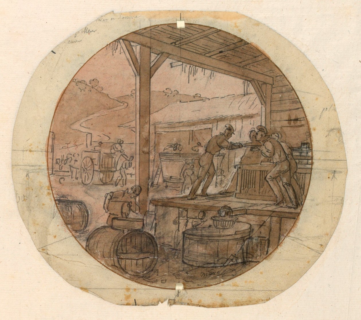 Ritning, Förslag till målad porslinstallrik, lastning eller lossning av gods, 1820-35 av Jean Charles Develly