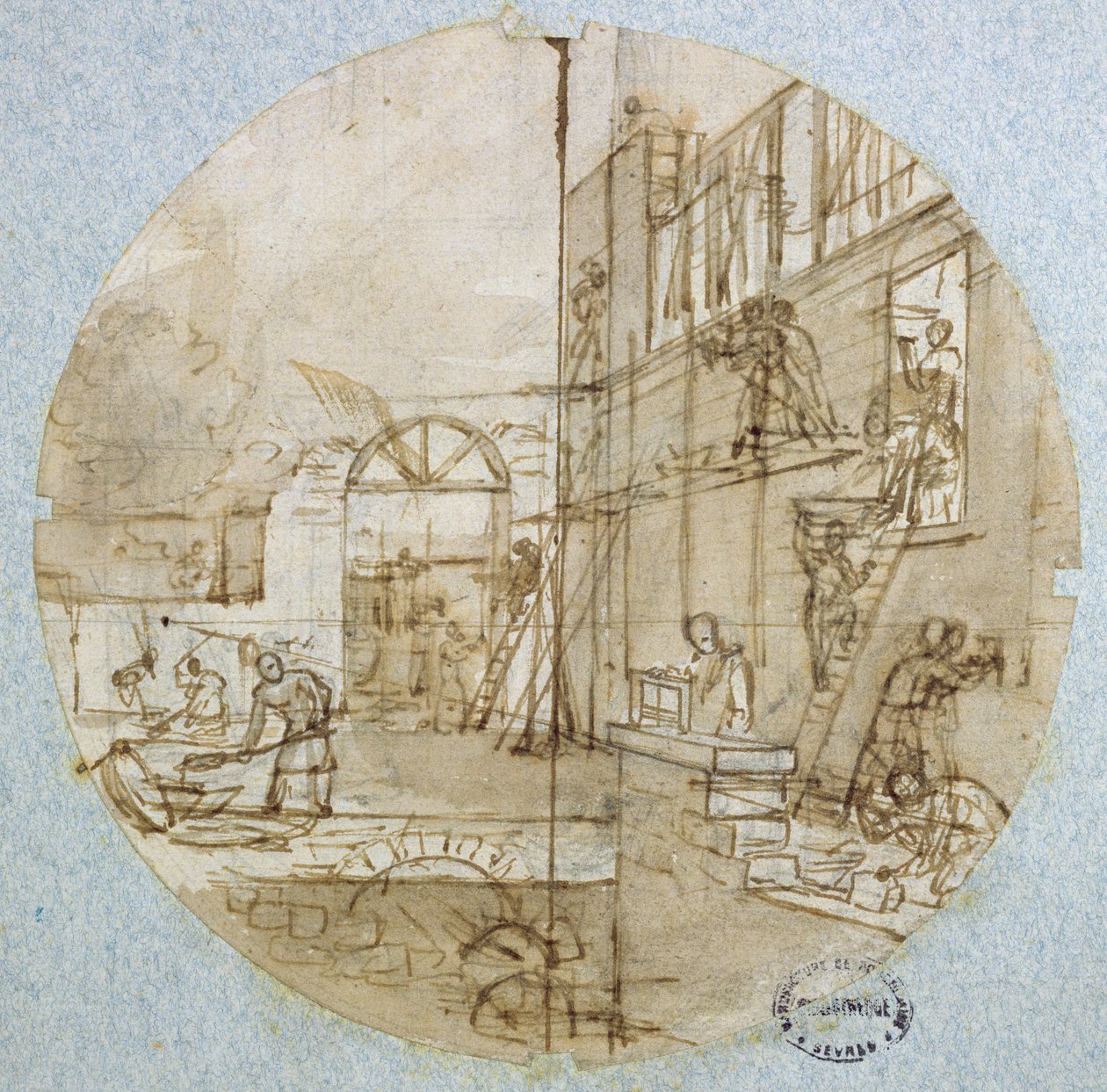 Frimurarens verkstad, plåtdesign för en tjänst som visar olika yrken, ca 1820-35 (penna och bläck samt tvätt och gouache på papper) av Jean Charles Develly