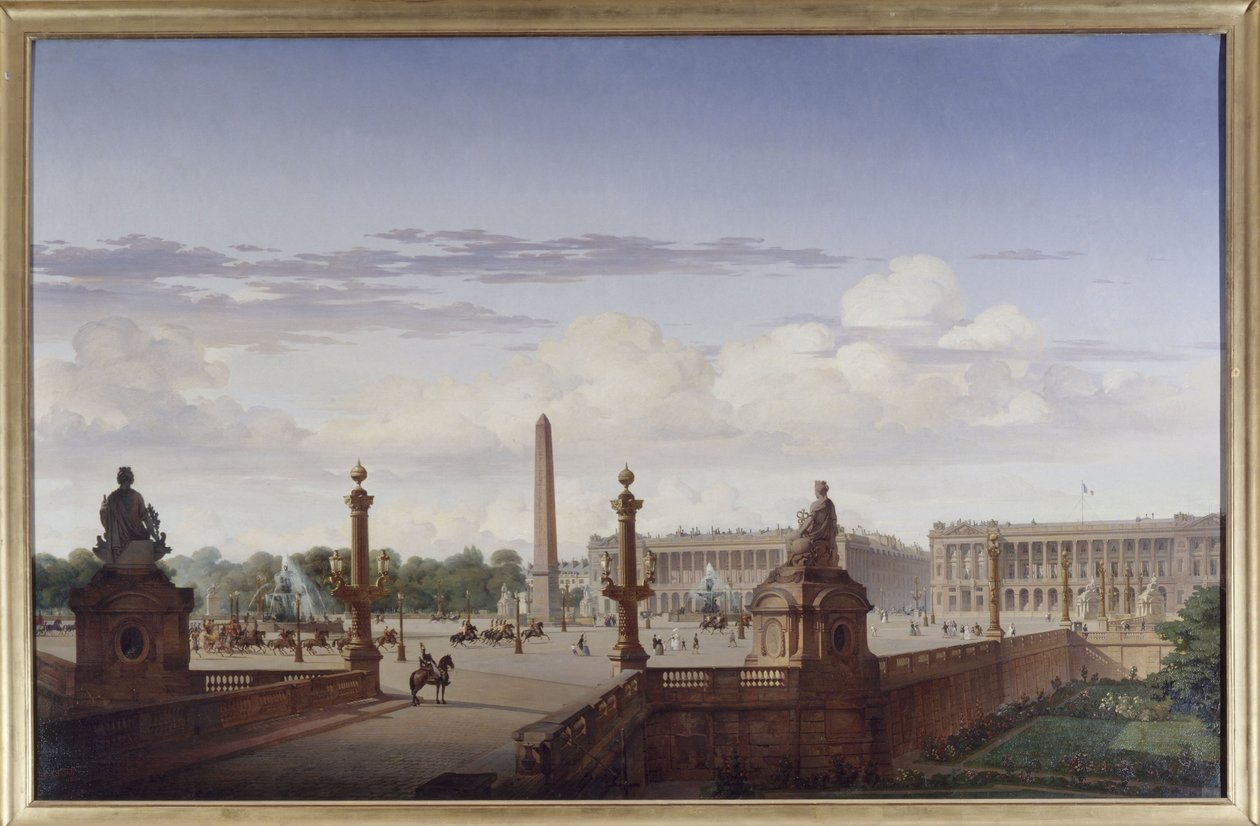 Place de la Concorde, vy från terrassen vid vattnet; kung Louis-Philippe korsar torget i en vagn, 1846 (olja på duk) av Jean Charles Geslin