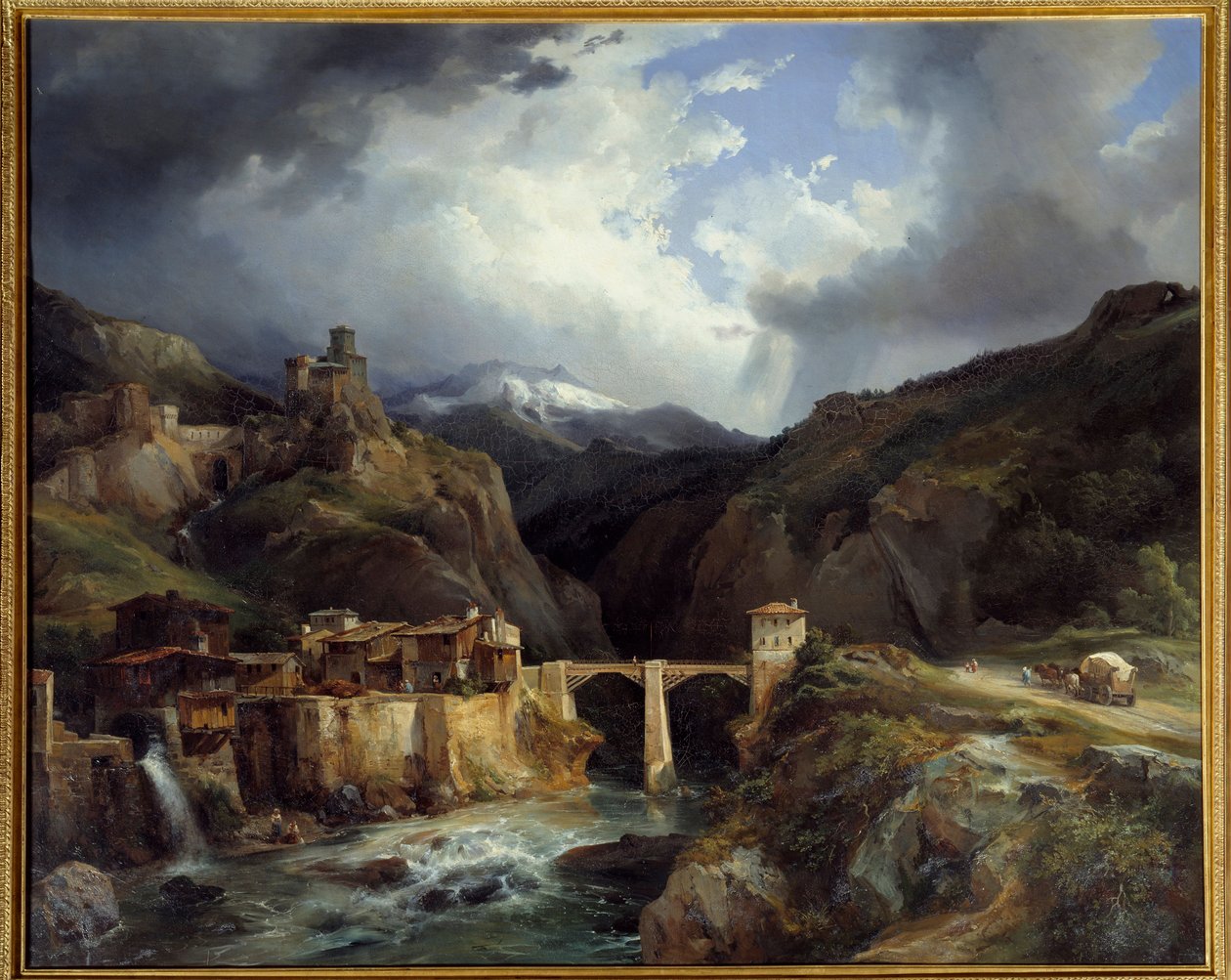 Byn och bron av Crevola på Simplon-vägen. Målning av Jean Charles Remond (1795-1875) av Jean Charles Joseph Rémond