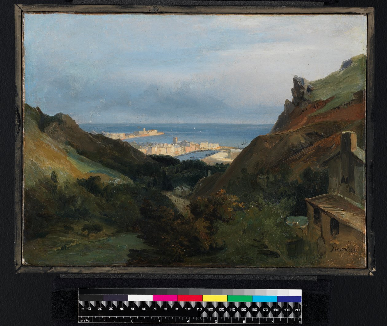 Italienskt landskap med utsikt över en hamn, före 1875 av Jean Charles Joseph Rémond