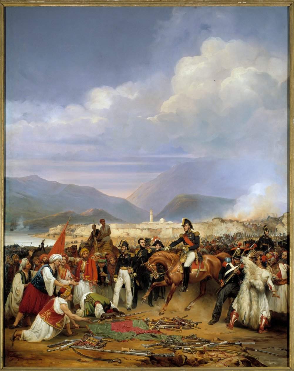 Grekiska självständighetskriget (1828-1833): "" Generalhuset tar emot överlämnandet av slottet Moree den 30 oktober 1828"" Avsnitt av Morees expedition (1828-1832) på Peloponnesos. Målning av Jean Charles Langlois (1789-1870) 1836 sön. 2,72x1,92 av Jean Charles Langlois