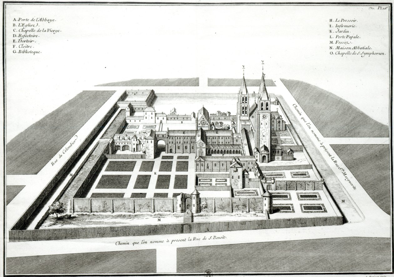 Vy över klostret Saint-Germain-des-Pres före 1640, graverad av Antoine Herisset (1685-1769) av Jean Chaufourier