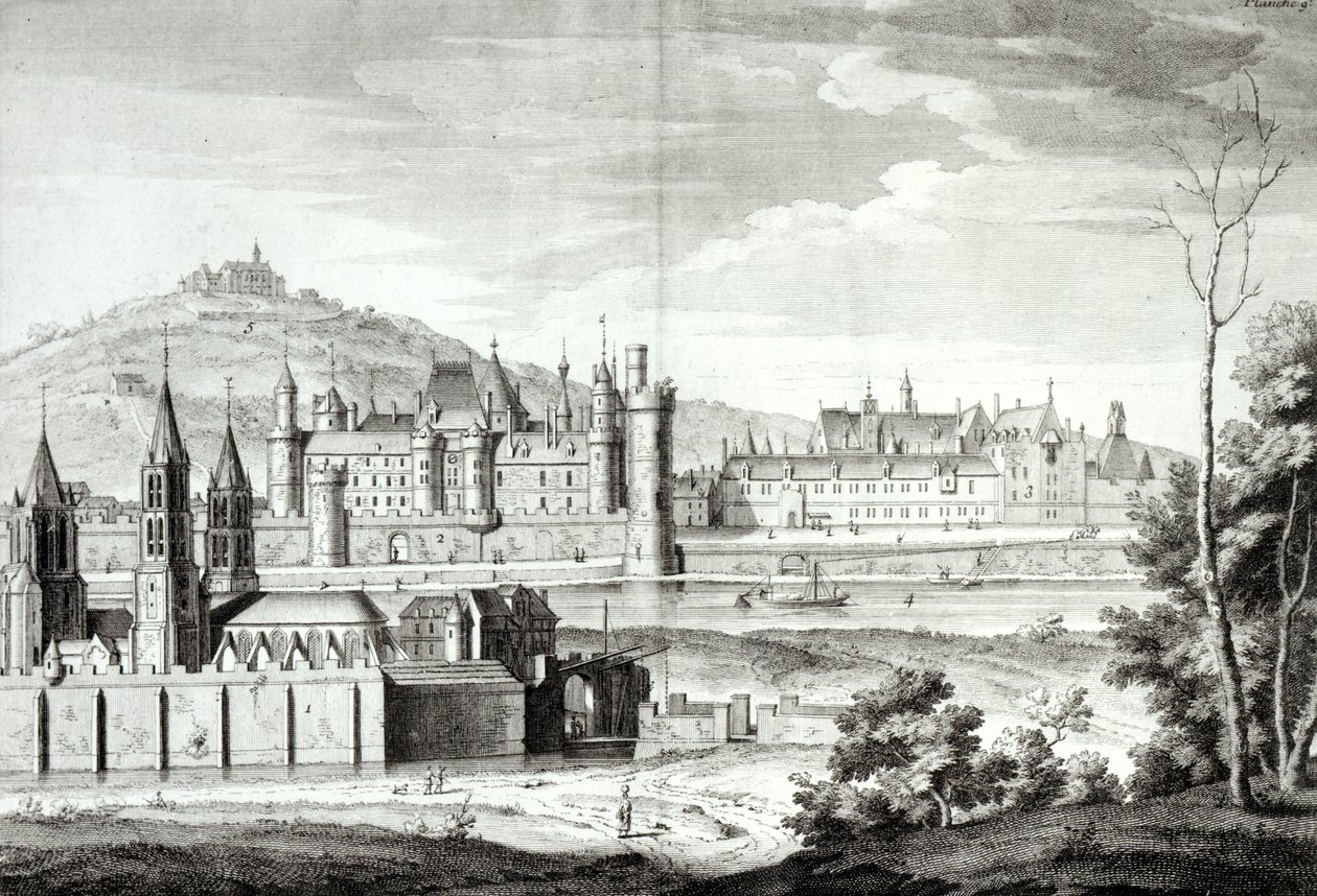 Utsikt över klostret Saint-Germain-des-Pres, Louvren, Petit Bourbon, Montmartre och Seine 1410, graverad av Antoine Herisset (1685-1769) av Jean Chaufourier