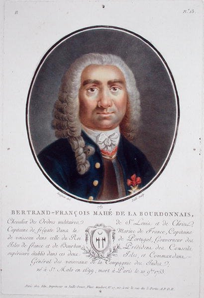 Bertrand-Francois Mahe de la Bourdonnais (1699-1753) från "Porträtt av stora män, berömda kvinnor och minnesvärda ämnen i Frankrike", graverad av Ride, publicerad 1787-92 (färg litho) av Jean Claude (after) Naigeon