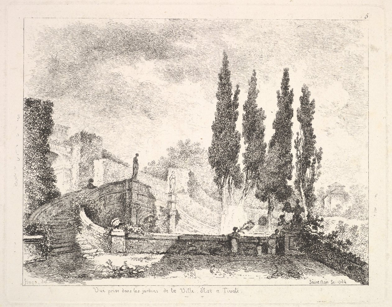 Utsikt över trädgårdarna vid Villa dEste i Tivoli, cyperns träd till höger, en trappa leder..., 1764. av Jean Claude Richard Saint Non