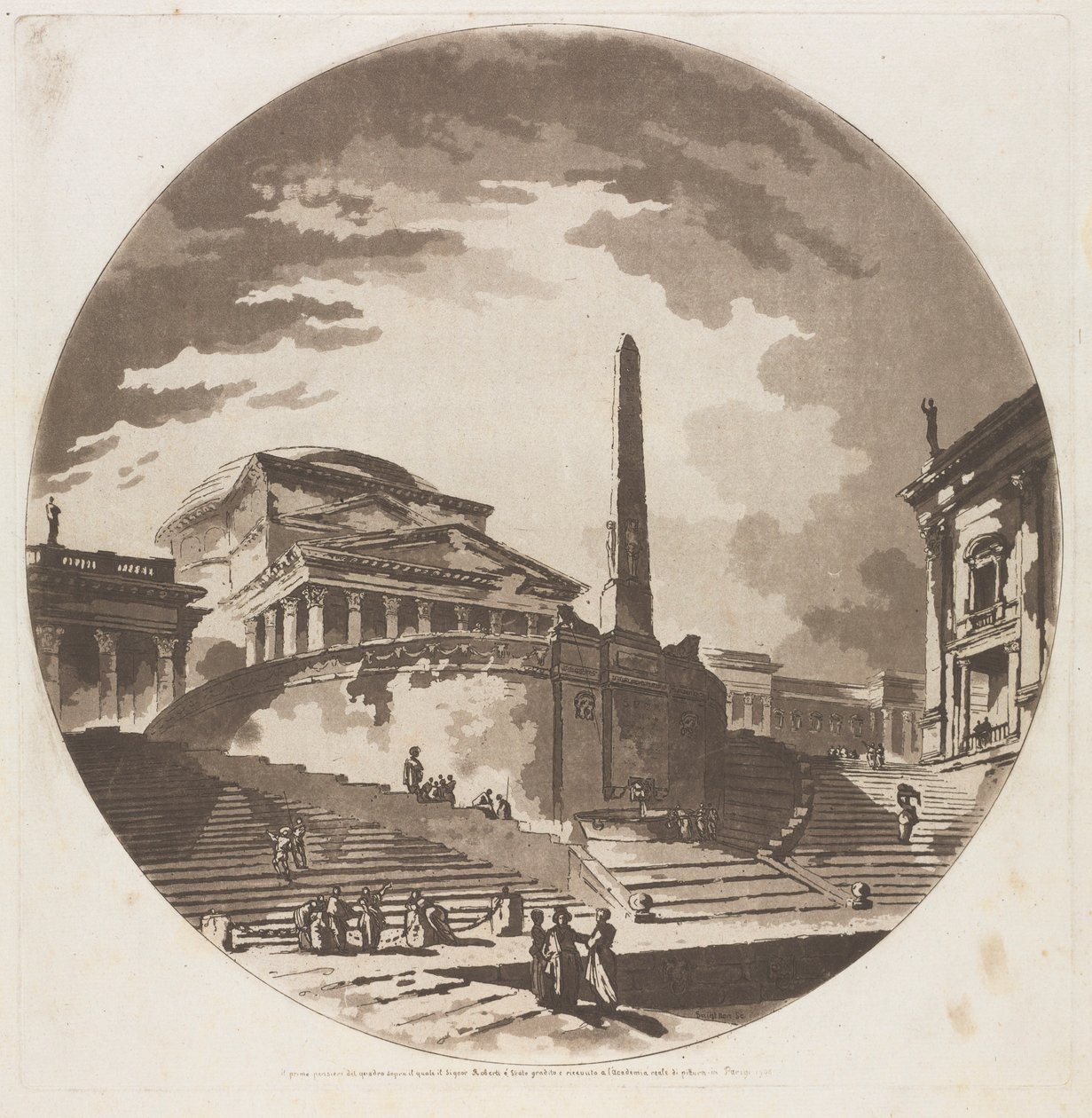 Utsikt över rotundan med trappor på Tibern, 1766. av Jean Claude Richard de Saint Non