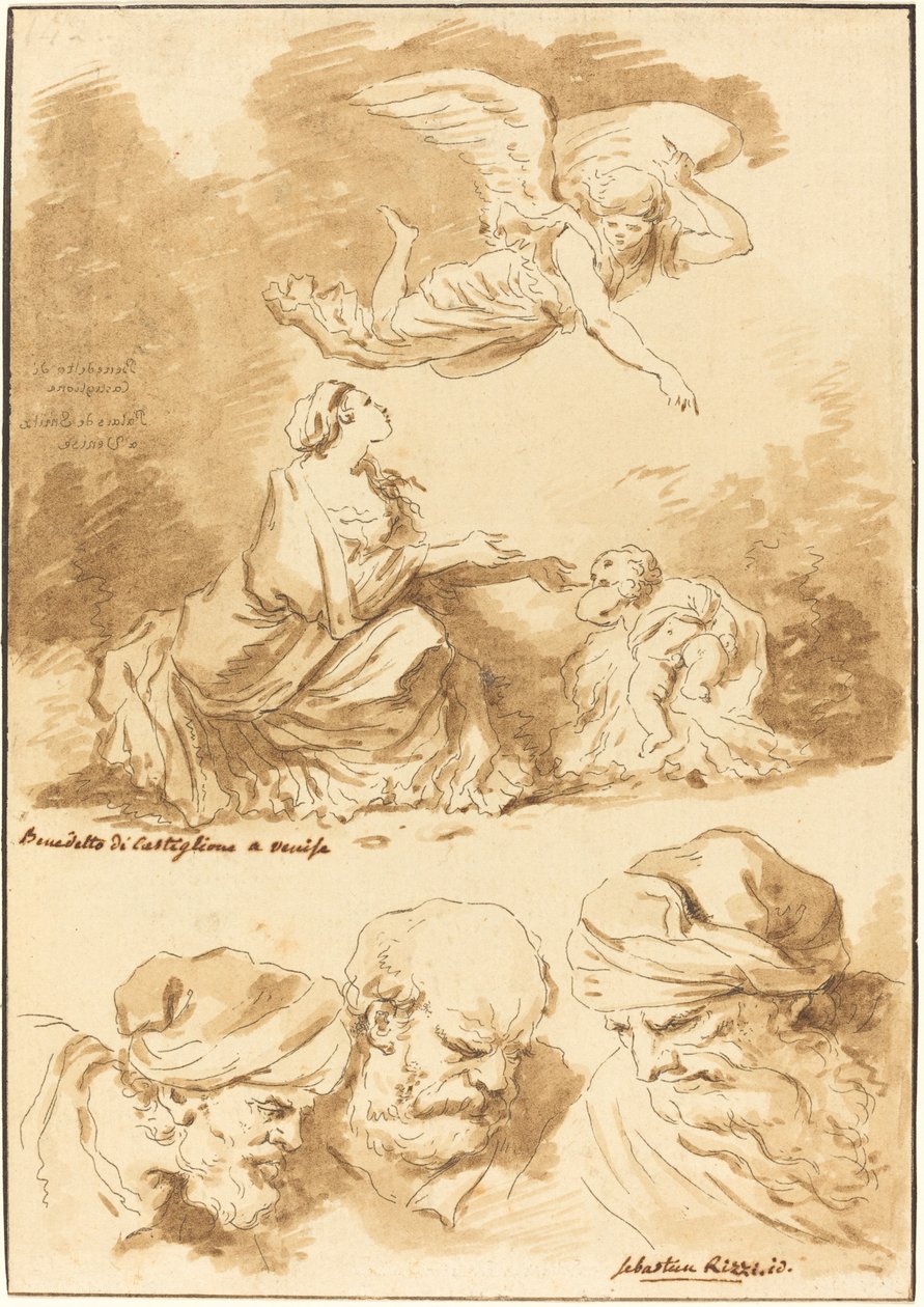 Hagar Tröstad av en ängel (från en målning av Castiglione) och Three Heads of Old Men (från en målning av Ricci av Jesus and the Adulttress) av Jean Claude Richard de Saint Non after Jean Honoré Fragonard