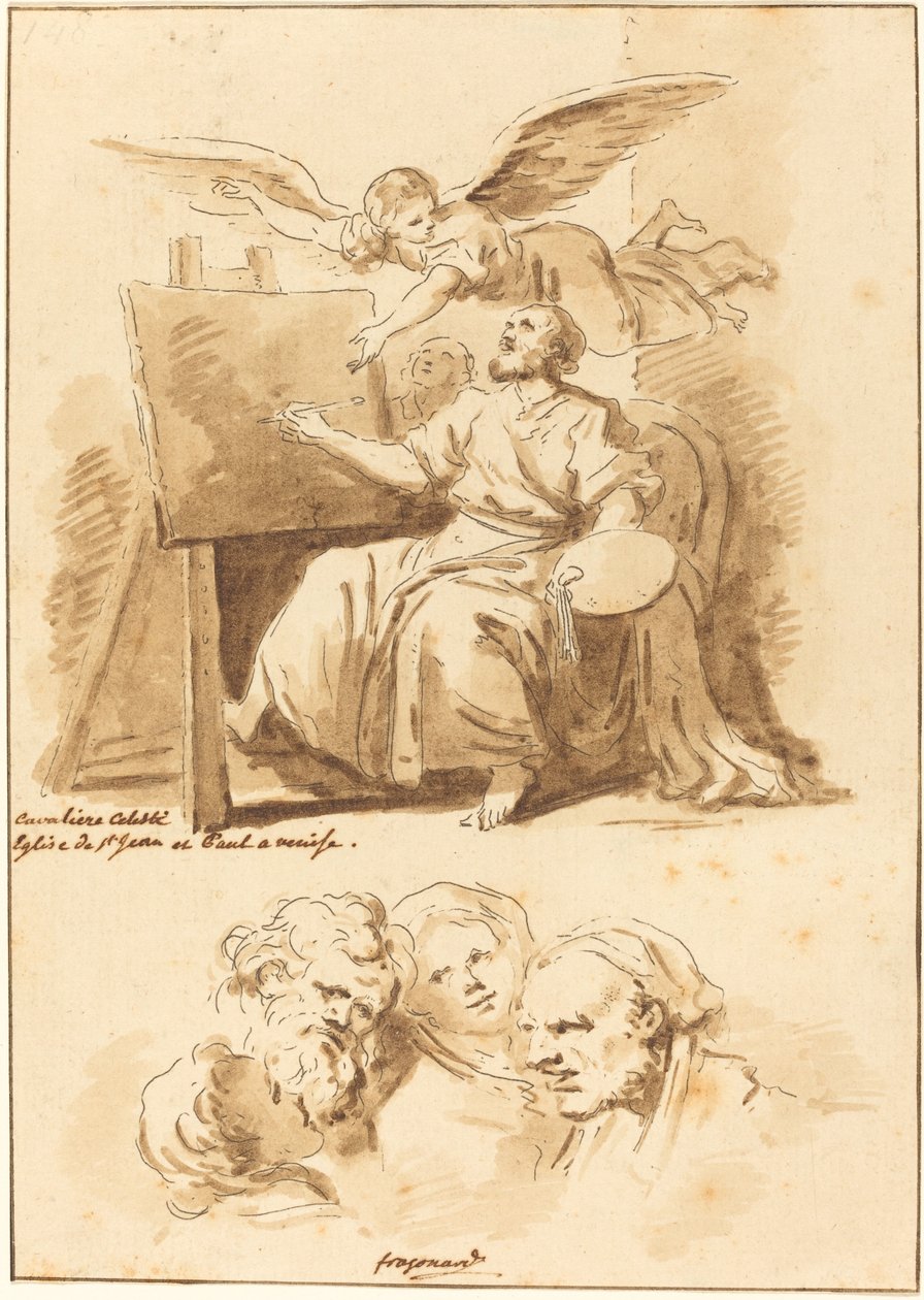 Saint Luke vid hans staffli och fyra uttrycksfulla huvuden av Jean Claude Richard de Saint Non after Jean Honoré Fragonard after Andrea Celesti