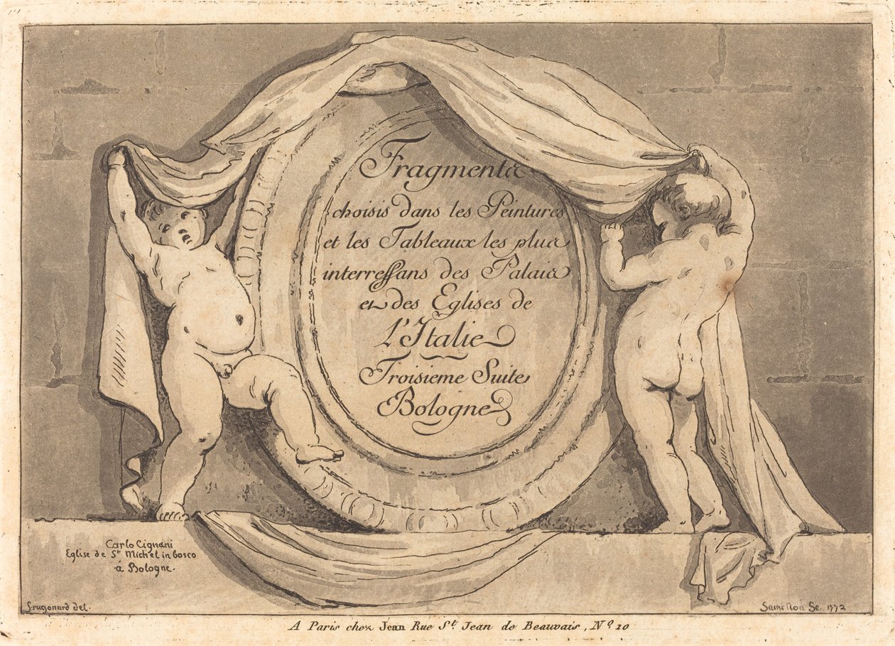 Titelsida: Oval design från kyrkan San Michele de Bosco, Bologna av Jean Claude Richard de Saint Non after Jean Honoré Fragonard after Carlo Cignani