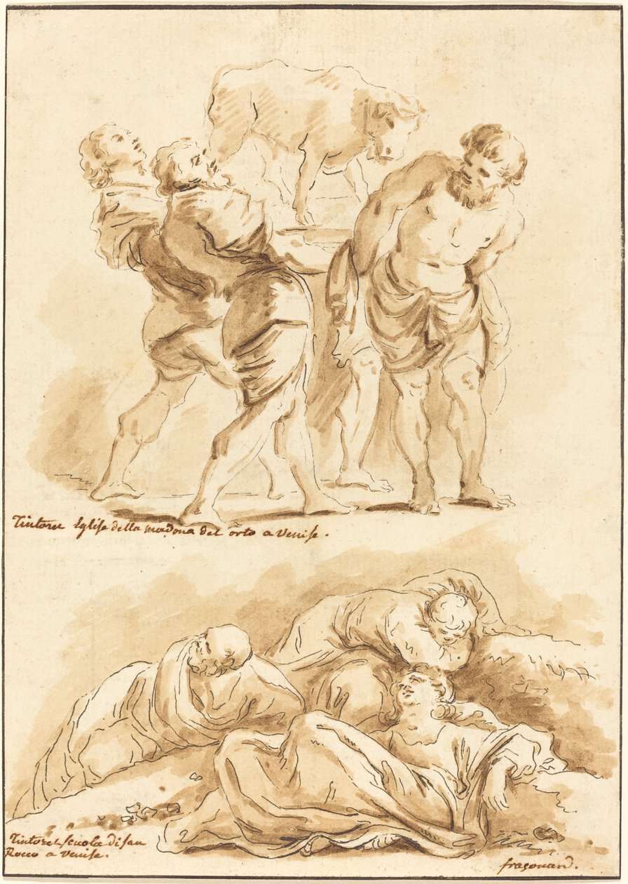 Dyrkan av guldkalven och Kristus på Oljeberget av Jean Claude Richard de Saint Non after Jean Honoré Fragonard after Jacopo Tintoretto