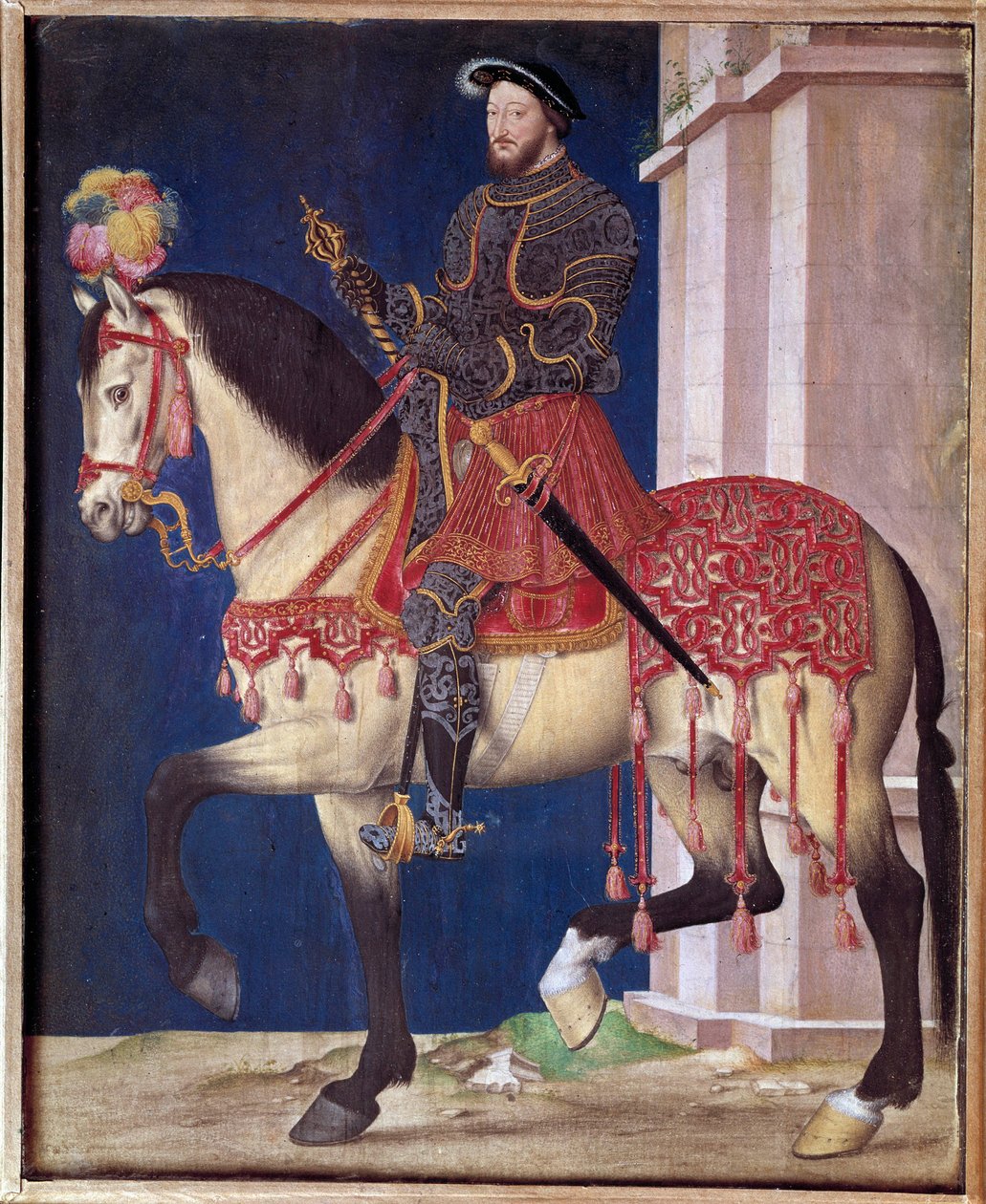 Ryttarporträtt av Francois I (1494-1547). Målning av Jean Clouets skola (1475/1485-1540) av Jean Clouet