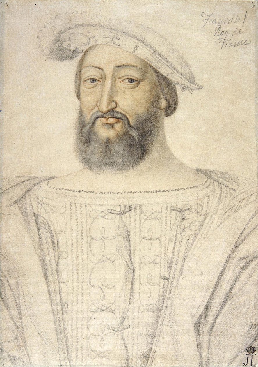 Porträtt av Frans I (1494-1547), kung av Frankrike par Clouet, Jean (ca 1485-1541). Svart krita och sangvin på papper, storlek: 31,6x22,5, första halvan av 1500-talet, State Hermitage, St. Petersburg av Jean Clouet